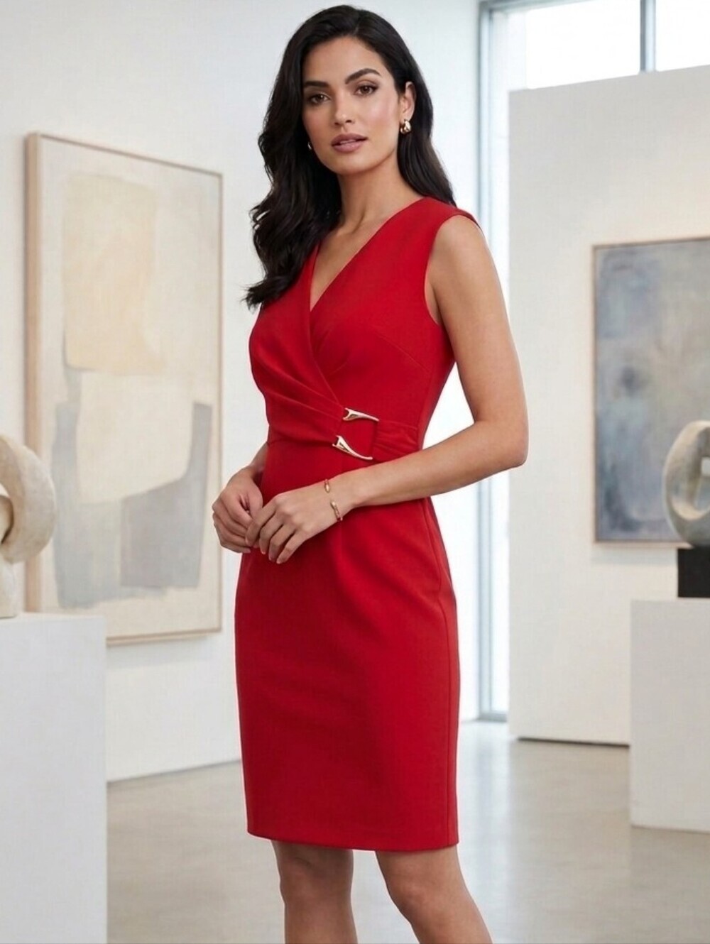 Calvin klein v neck side gold buckle dress NWT size 6